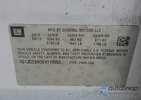 2014 Chevrolet Sonic Lt Auto from USA, damaged, VIN 1G1JC5SH3E4118953